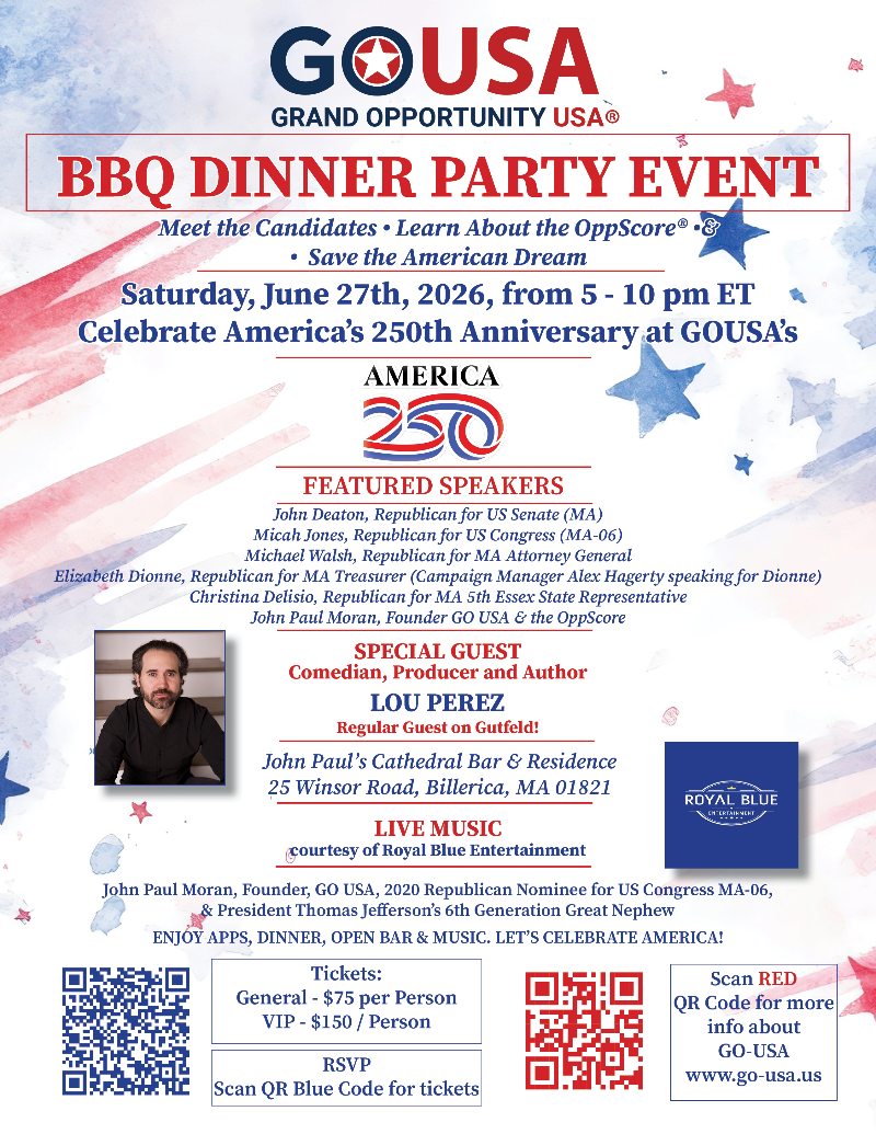 GO USA's 250th American Anniversary BBQ Dinner Fundraiser and Candidate Event with Comedian Lou Perez and Many More