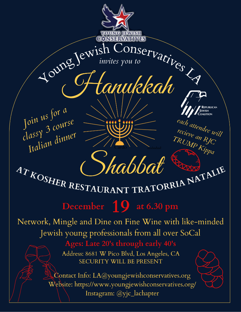 Young Jewish Conservatives LA Hanukkah Shabbat Dec 19 Trattoria Natalie