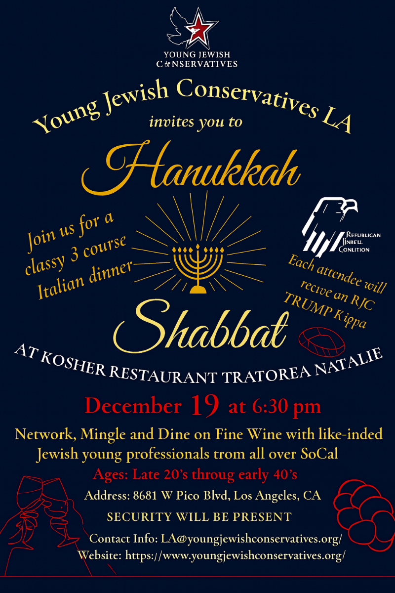 Young Jewish Conservatives LA Hanukkah Shabbat Dec 19 Trattoria Natalie
